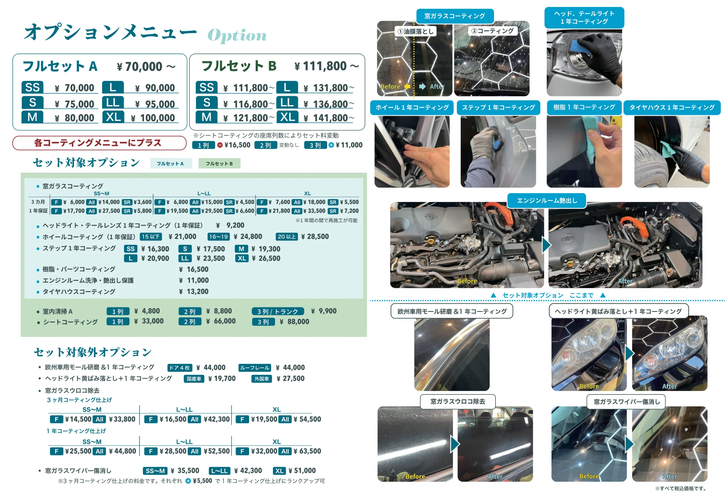 オプションメニュー（フルセットA・B、セット対象オプション、セット対象外オプションの料金一覧（メニュー表より））