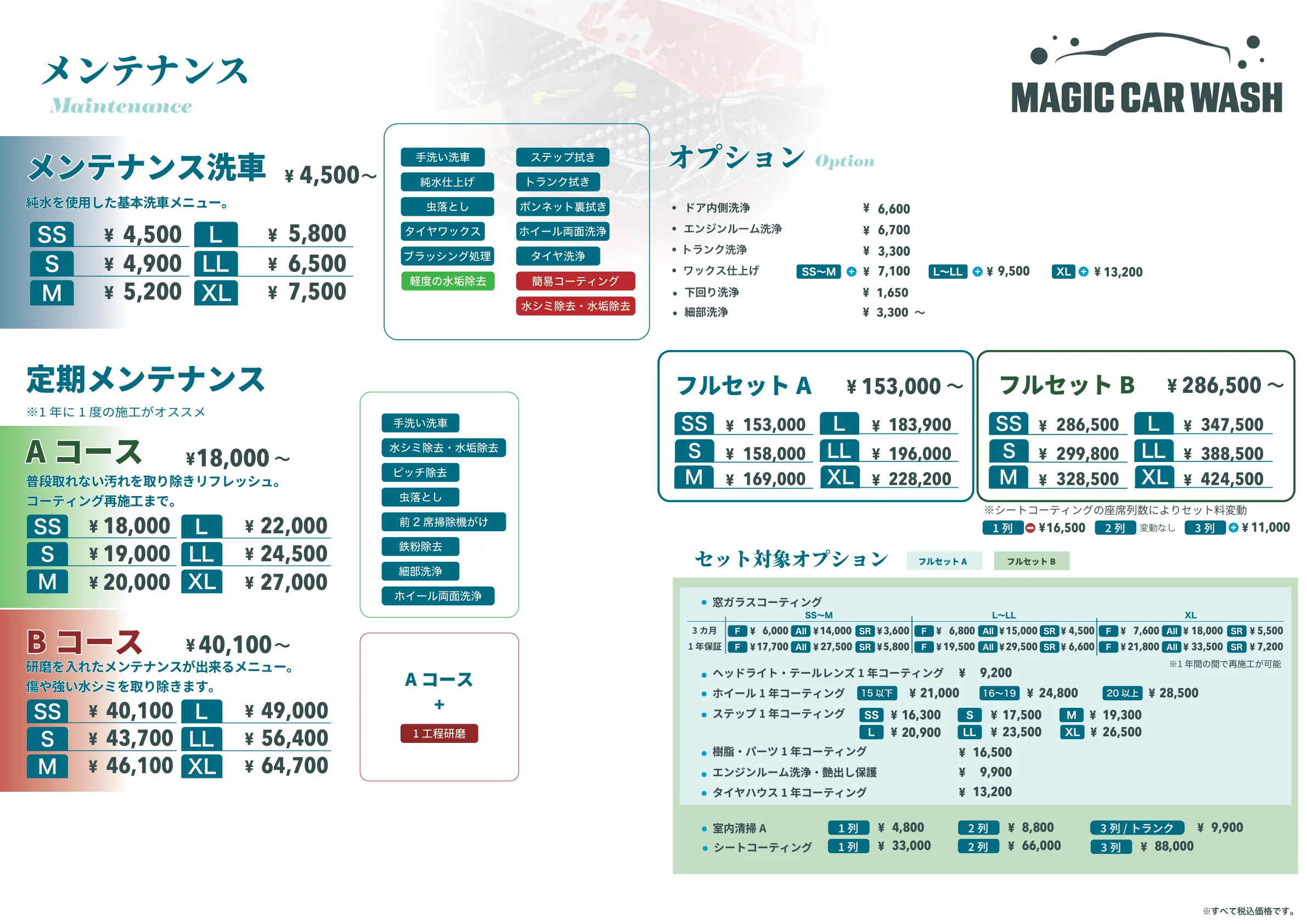 メンテナンス（メンテナンス洗車・定期メンテナンス（A/Bコース）・フルセットの料金一覧（メニュー表より））