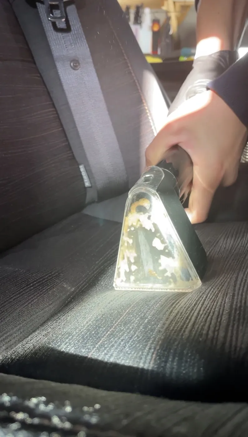 シートを専用機材で吸引クリーニングする様子